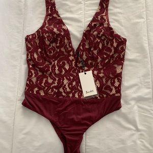 Maroon Julia Bardot Lace Bodysuit